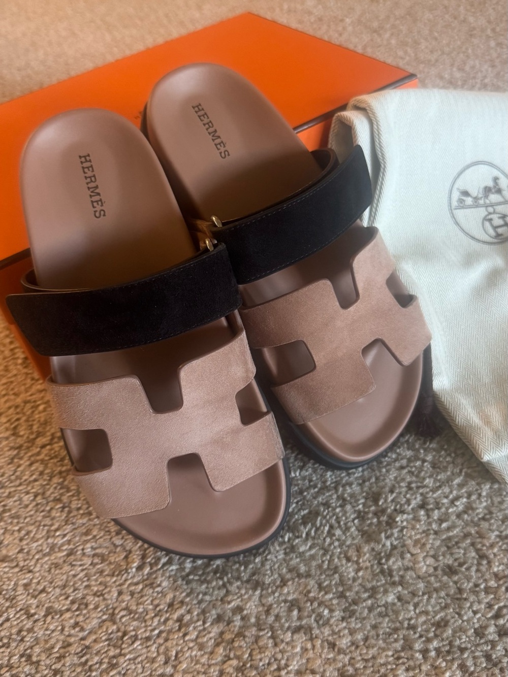 Hermes Chypre Sandals in Two-Tone Rose & Black Suede